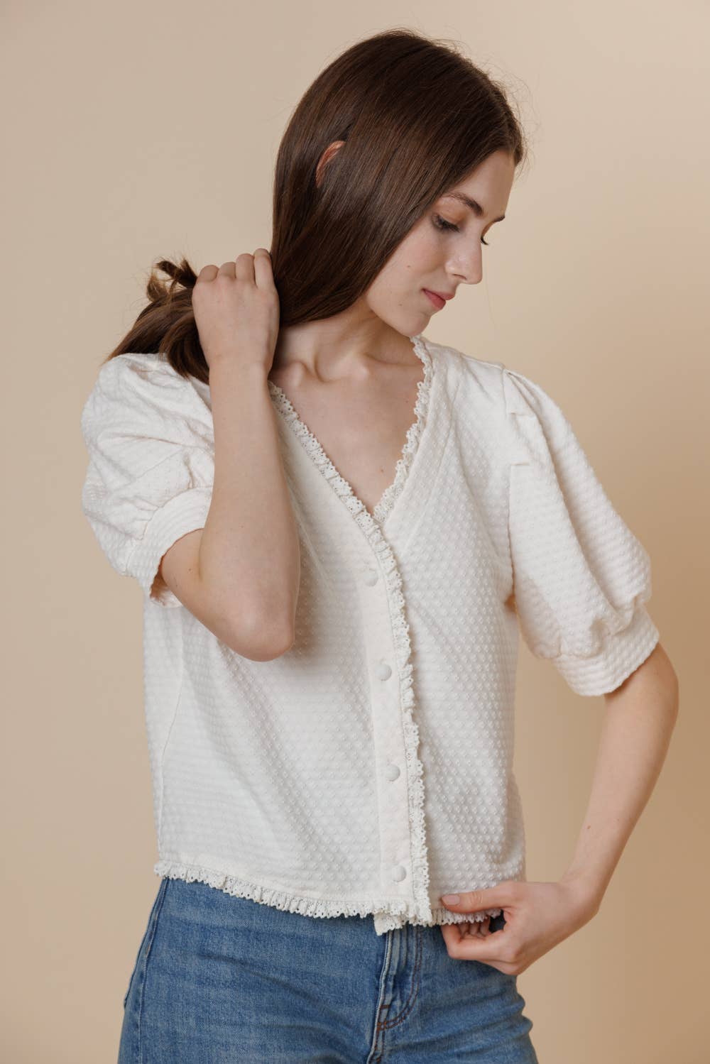 Textured Knit Puff Short Sleeve Button Blouse