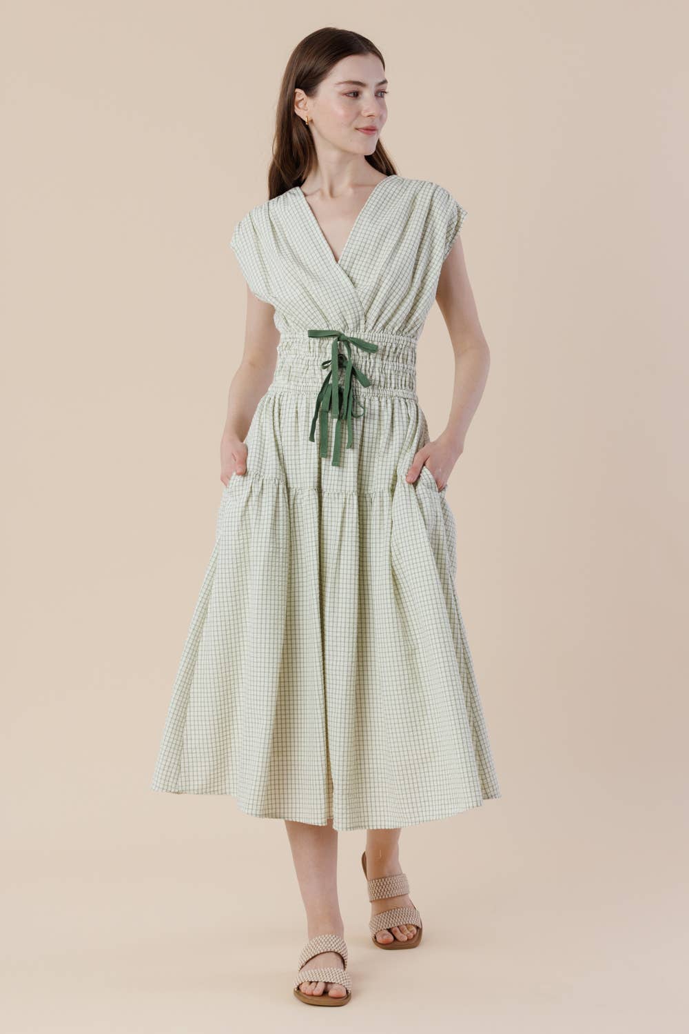 Plaid Surpliced Front Bow Tie Waist Midi Dress