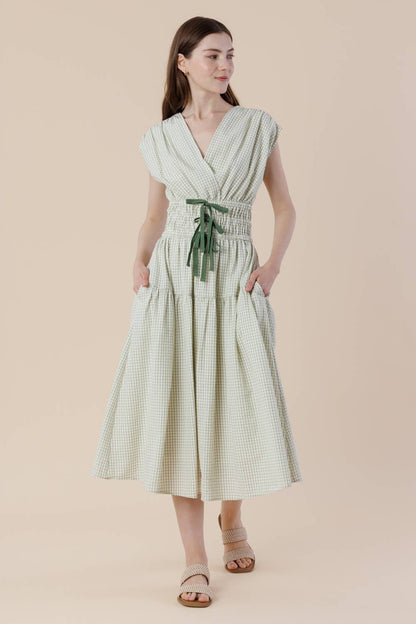 Plaid Surpliced Front Bow Tie Waist Midi Dress