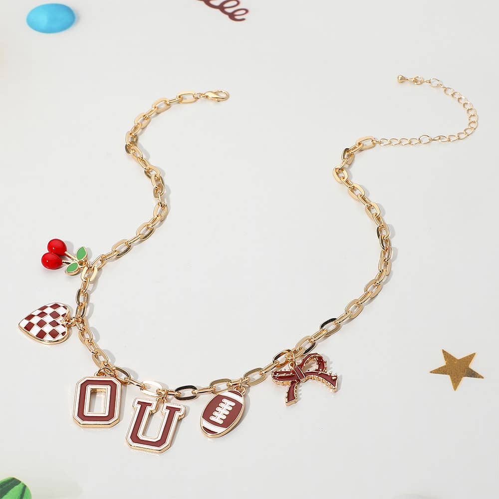 Football Theme Bow Cherry Heart Charm Station Necklace