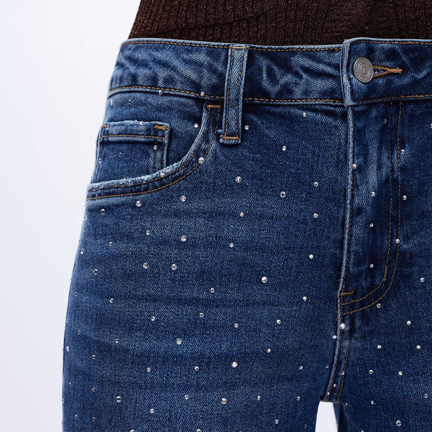 High Rise Rhinestone Wide Leg Ankle Jeans for Women OSWM8008