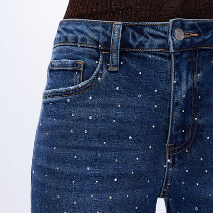 High Rise Rhinestone Wide Leg Ankle Jeans for Women OSWM8008
