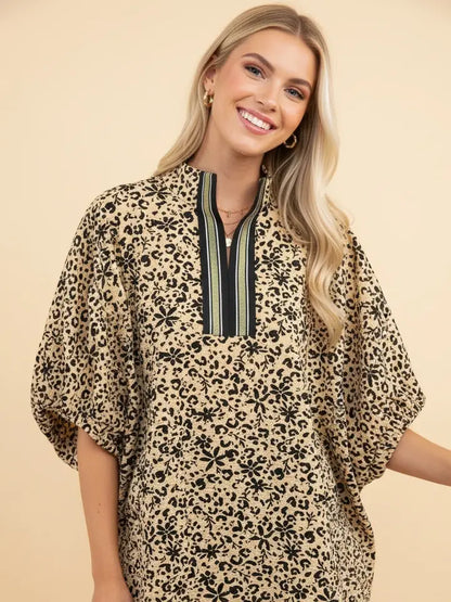 Animal Print V-Neck Blouse with Contrast Trim