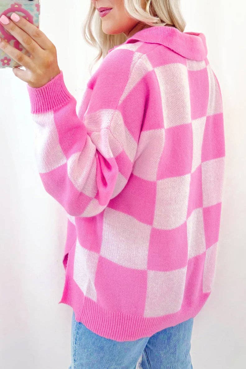 Pink Checkerboard Half Button Collared Drop Shoulder Sweater