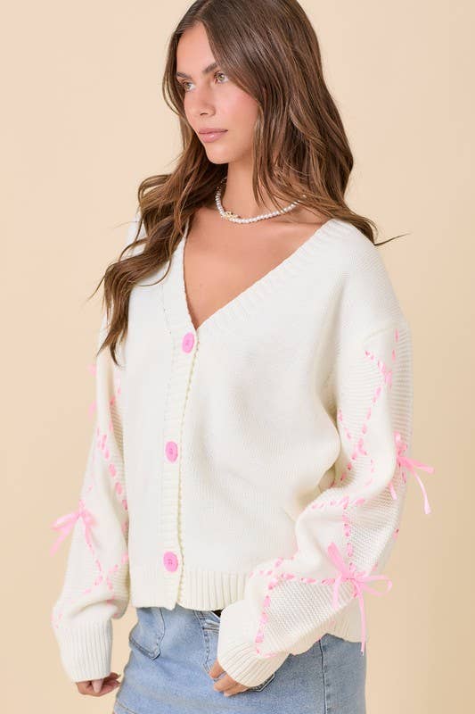 Hand Sewn Satin Ribbon Detail On Sleeve Cardigan