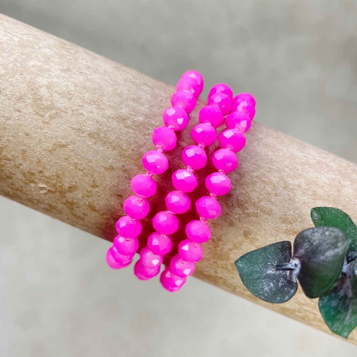 Barb// Hot Pink Neon Crystal Beaded Handknotted Bracelet