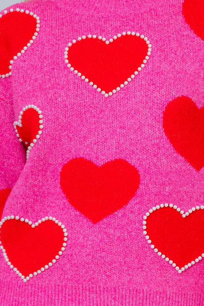 COZY PINK SWEATER WITH RED HEARTS & PEARL DETAILS