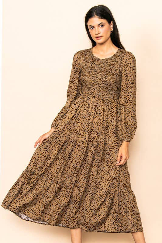 Smocked Chest Wide Flare Tiered Midi Dress w Pockets