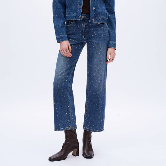 High Rise Rhinestone Wide Leg Ankle Jeans for Women OSWM8008
