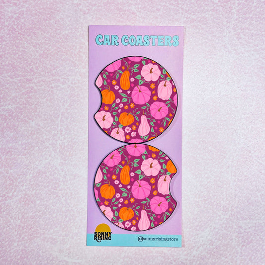 2 Car Coasters, Pink Pumpkins Pattern
