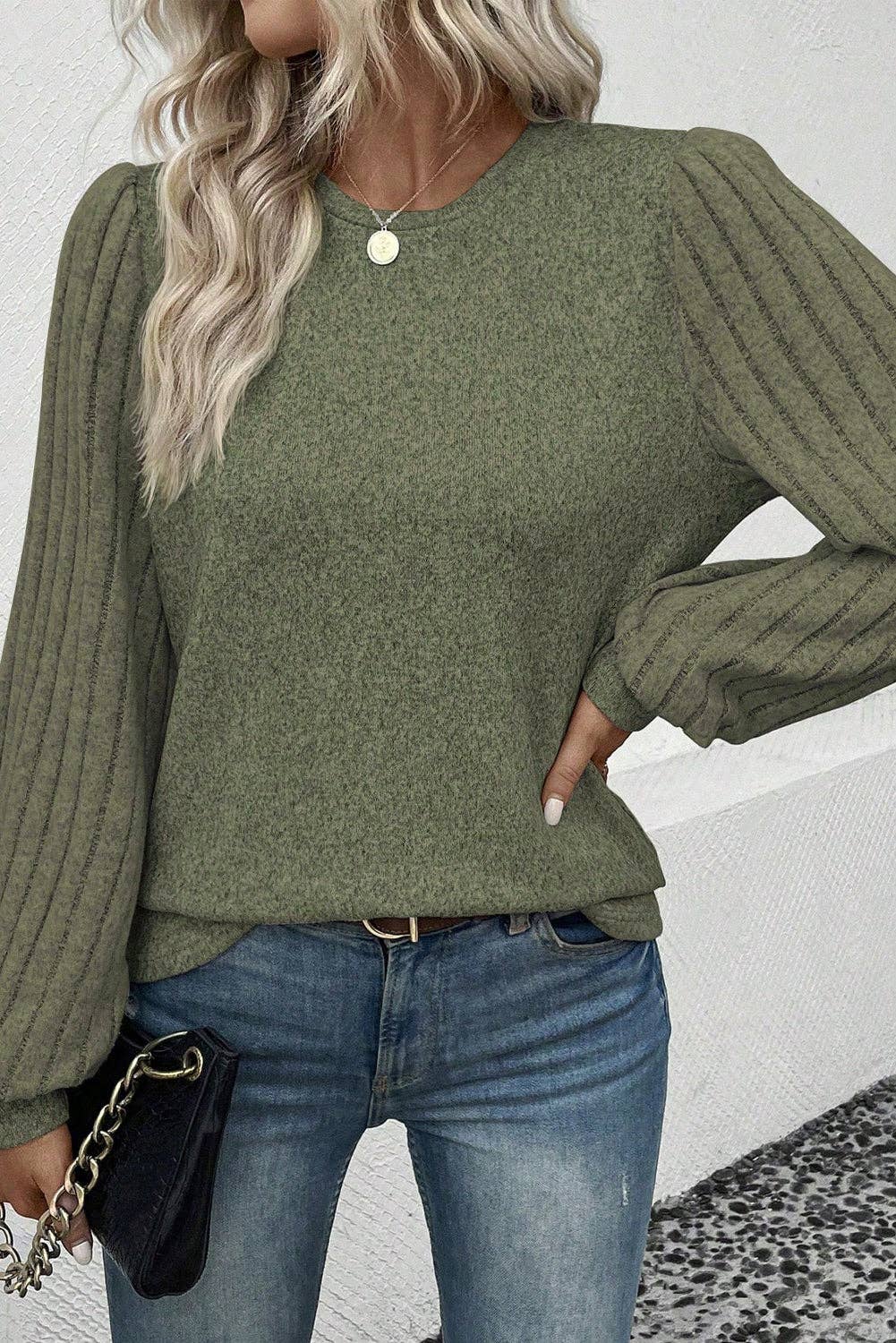 Contrast Ribbed Bishop Sleeve Top