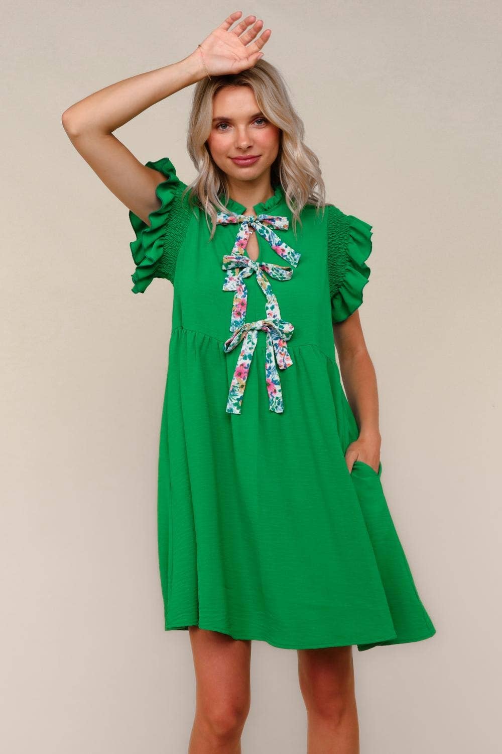 Plus Solid Woven Midi Dress W/ Floral Bow Tie