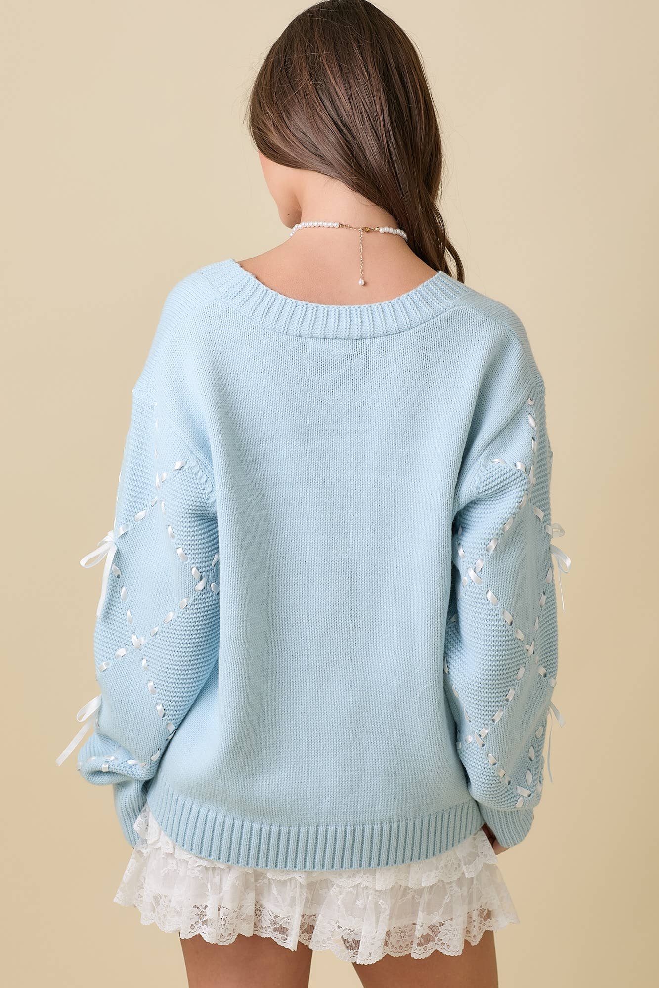 Hand Sewn Satin Ribbon Detail On Sleeve Cardigan