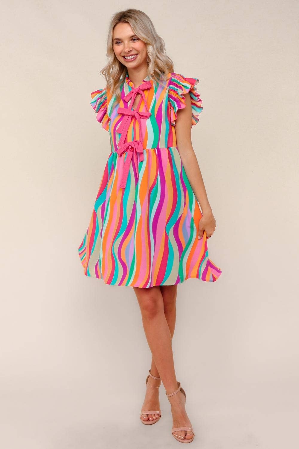 Plus Multicolor Dress W/ Cute Bow Tie Front