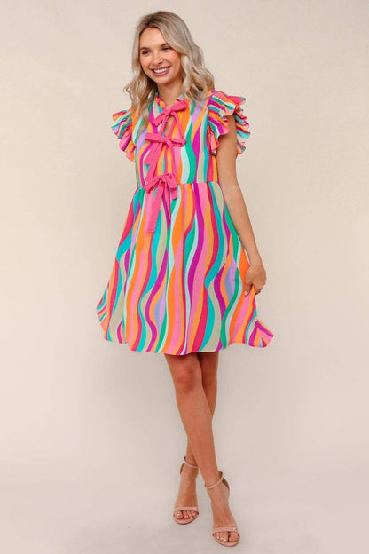 Plus Multicolor Dress W/ Cute Bow Tie Front