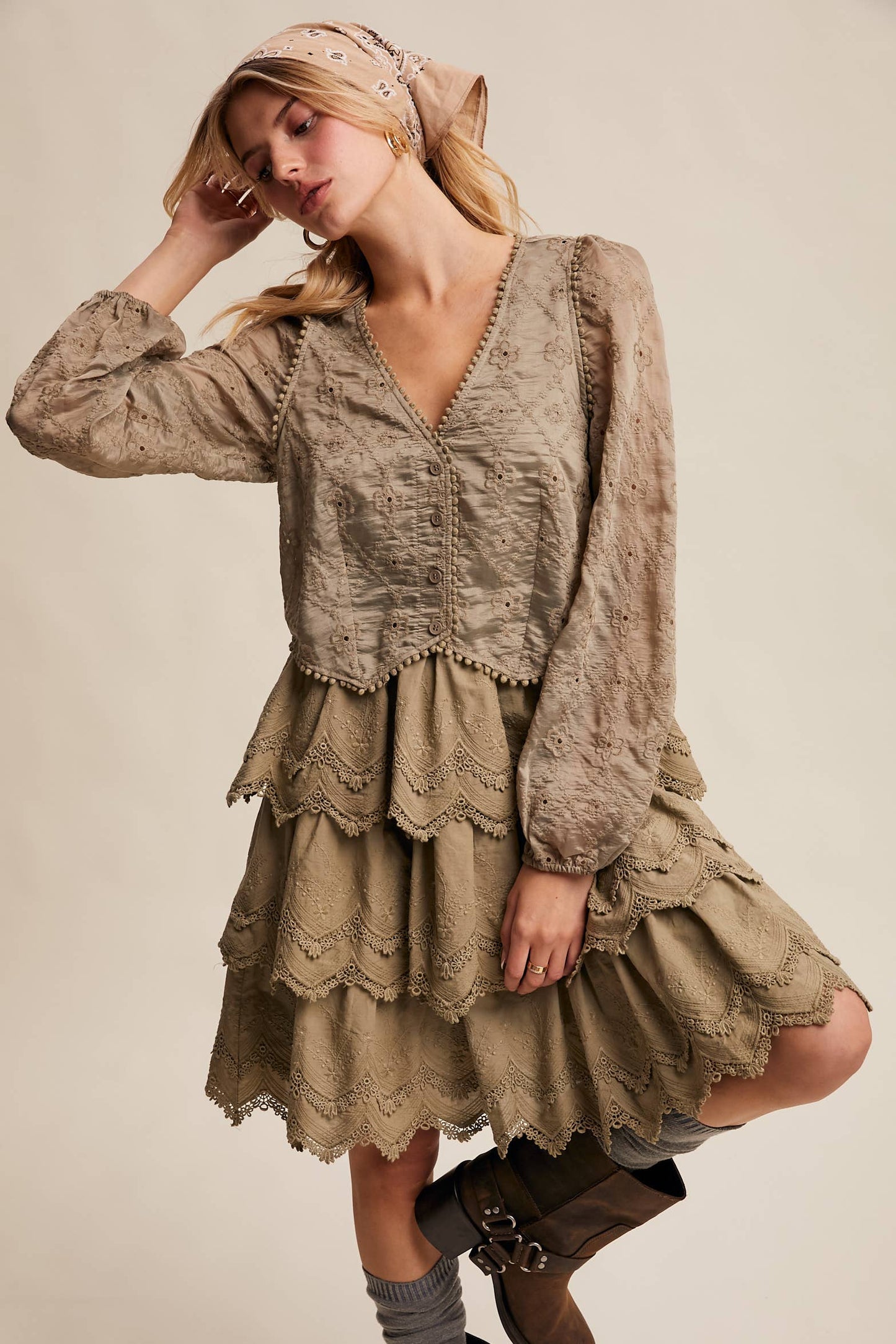 Tiered Scallop Embroidered Mini Dress