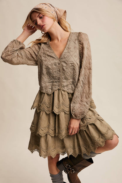 Tiered Scallop Embroidered Mini Dress