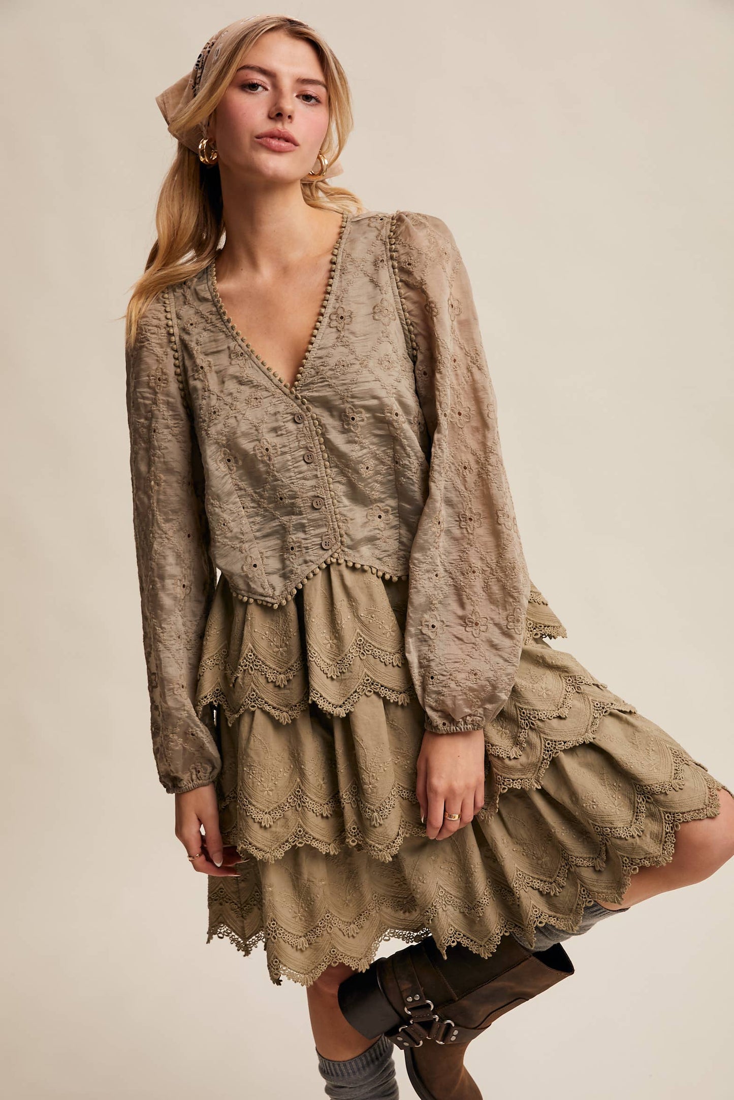 Tiered Scallop Embroidered Mini Dress