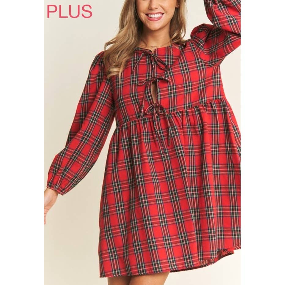 PLUS SOFT PLAID  BABYDOLL BOW MINI DRESS