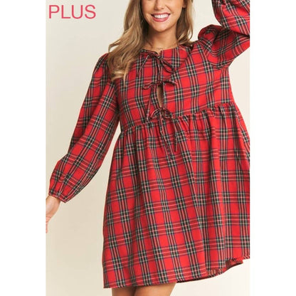 PLUS SOFT PLAID  BABYDOLL BOW MINI DRESS