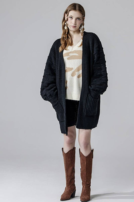Oversized Pompom Sleeve Cardigan