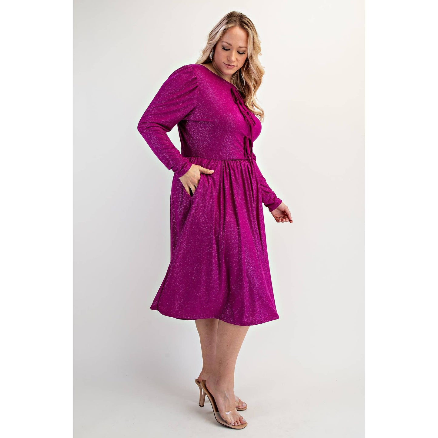 PLUS SIZE GLITTER KNIT FLARE DRESS WITH BOW DETAILS