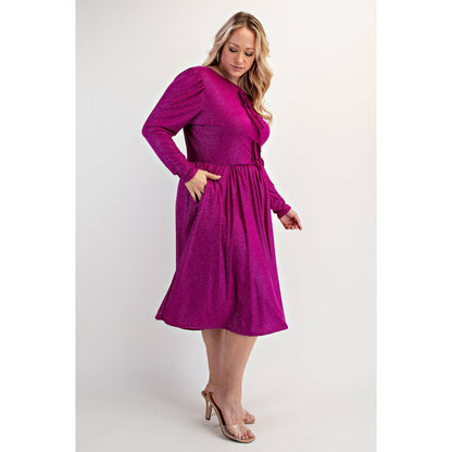 PLUS SIZE GLITTER KNIT FLARE DRESS WITH BOW DETAILS