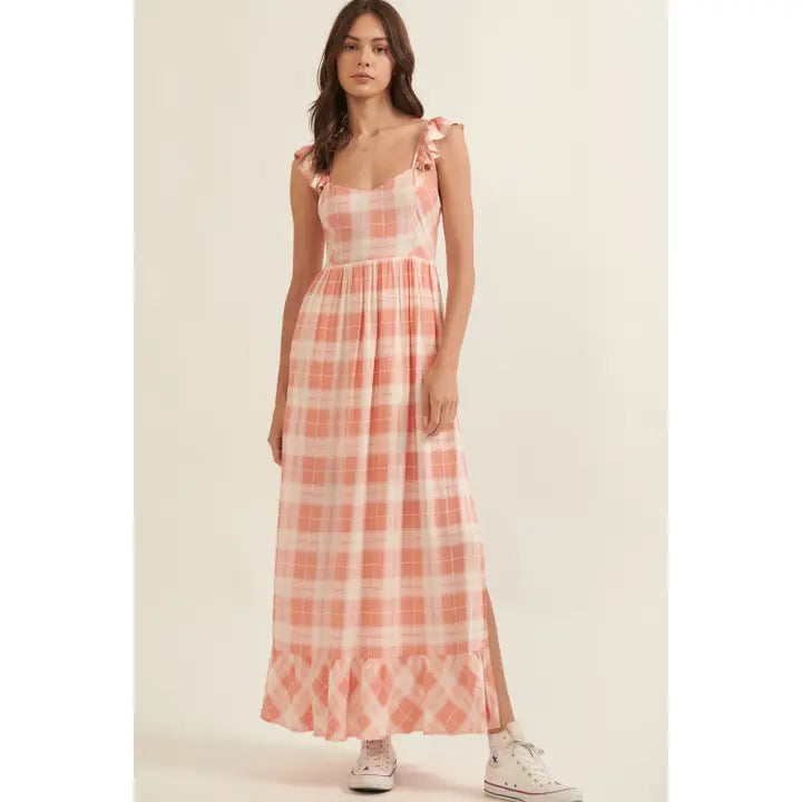 Plaid Sweetheart Sleeveless Open Back Maxi Dress : Coral