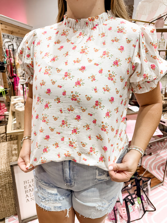 High Collar Floral Ruffled Top