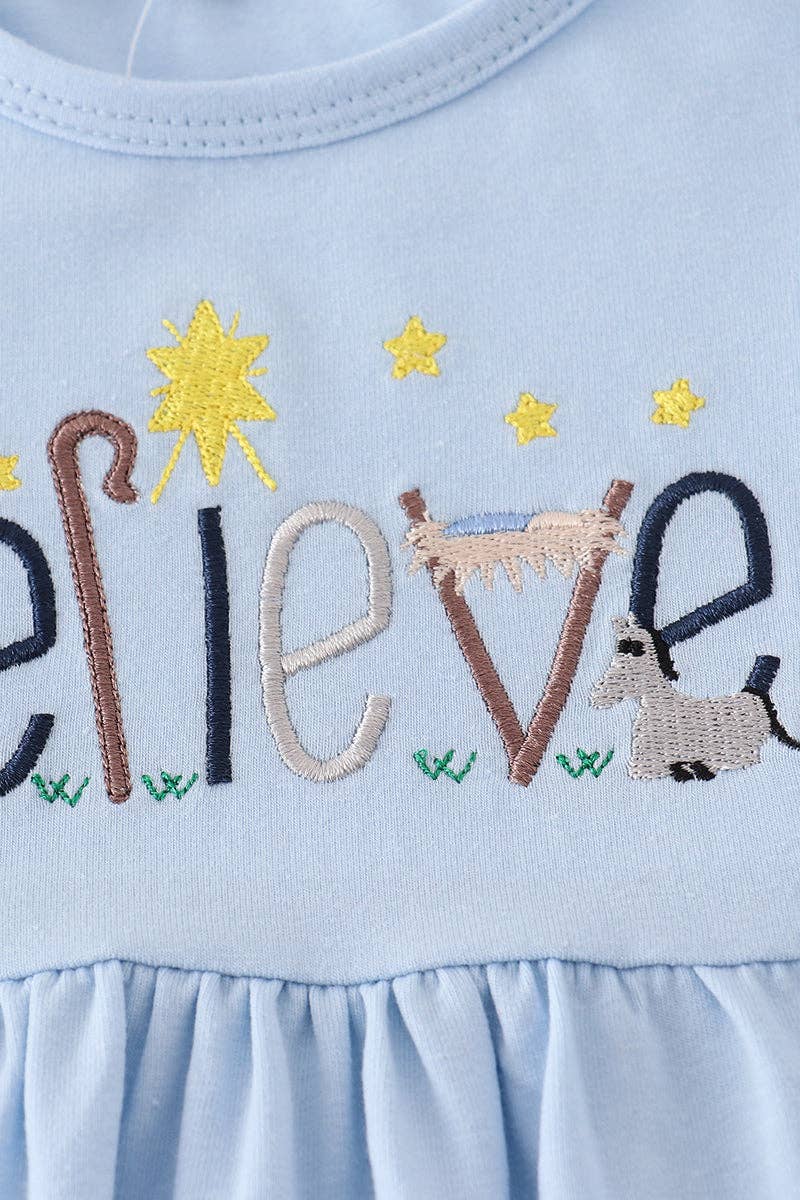 Blue believe embroidery ruffle pants set