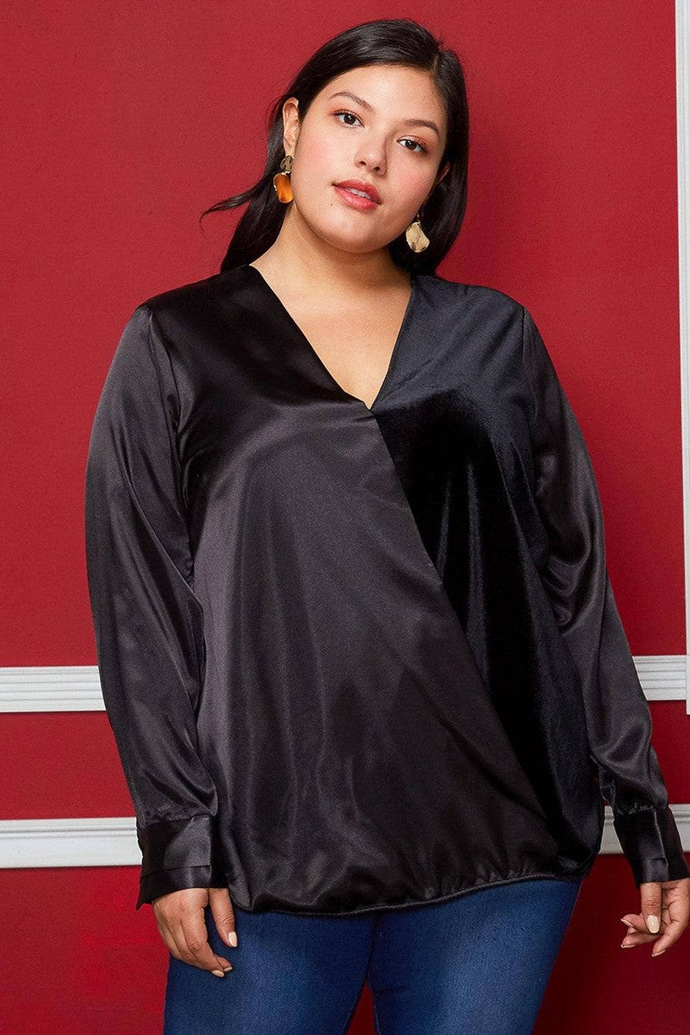 Pleione Plus Size Women's Charmeuse Contrast Cross Front Blouse