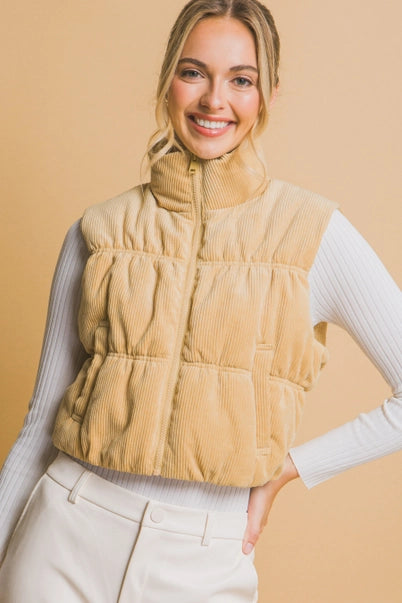 CORDUROY ZIP UP PUFFER VEST WITH POCKETS: Mellow