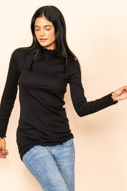 Mock Neck Merrow Detail Ribbed Long Sleeve Top