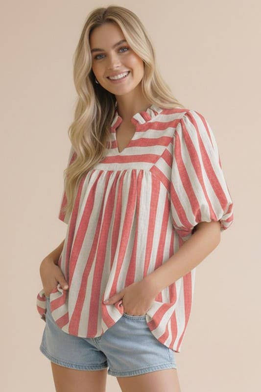 Bubble Puff Short Sleeve Wide Stripe Woven Top