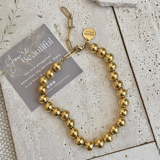 Bold Beaded Bracelet 18k Gold Plated 8mm stainless steel