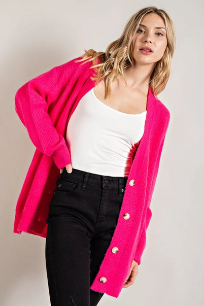 Button Down Sweater Cardigan: Fuchsia