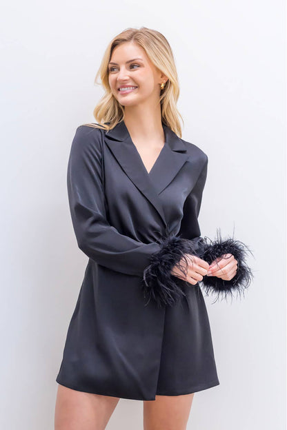 Satin romper with feather detail sleeve