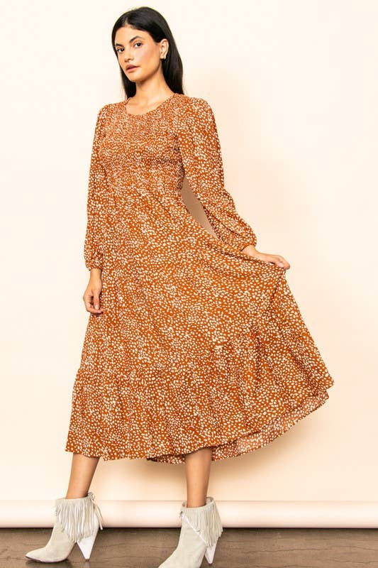 Smocked Chest Wide Flare Tiered Midi Dress w Pockets