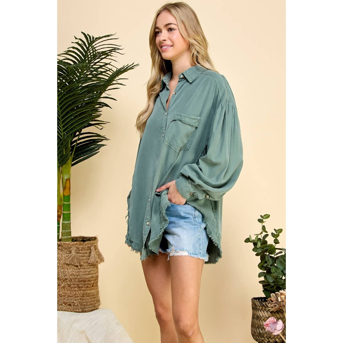 Oversize Frayed Seam Balloon Sleeve Shirts