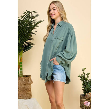 Oversize Frayed Seam Balloon Sleeve Shirts