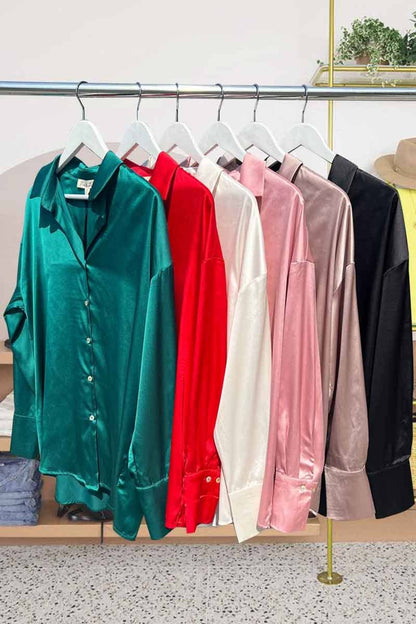 Collared Neckline Solid Satin Blouse Shirt