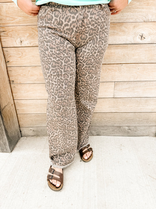 Brown Leopard Frayed Edge Wide Leg High Waist Jeans