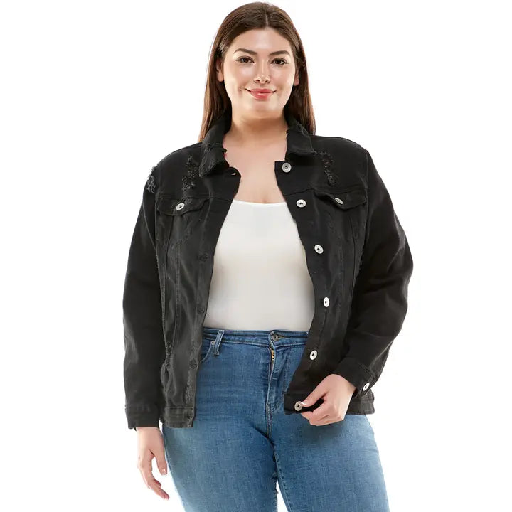 Plus Size Button Front Denim Jacket- Black