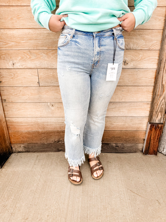 Uneven Raw Hem Crop Flare Jean