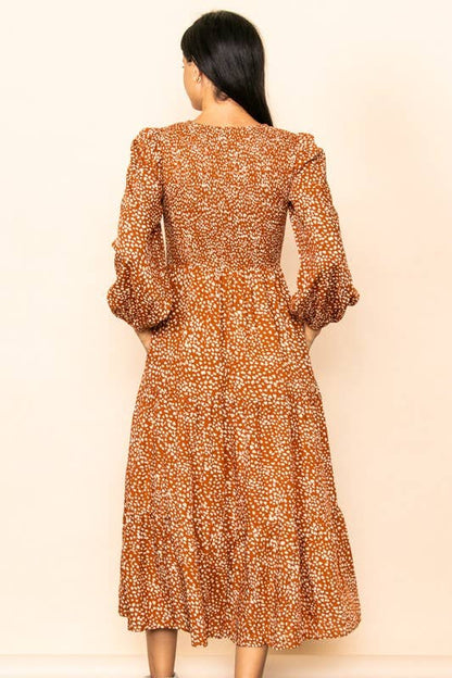 Smocked Chest Wide Flare Tiered Midi Dress w Pockets