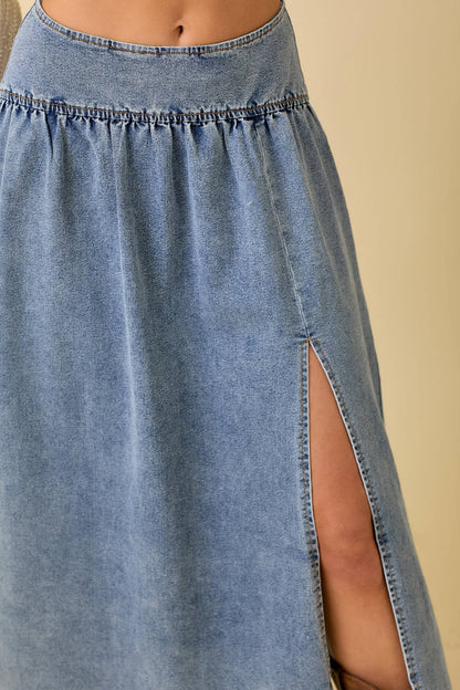 Midi Denim Skirt With Center Thigh Slit