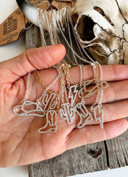 Western Dainty Silver gold Necklace - cowboy boots hat bow