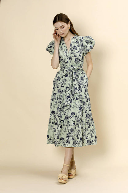 Romantic Puff Sleeve Floral Midi Dress with Waist Tie Belt
