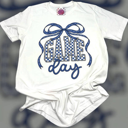Game Day Blue Checkered Bow White T-Shirt