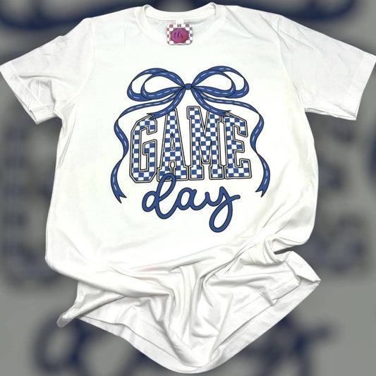 Game Day Blue Checkered Bow White T-Shirt